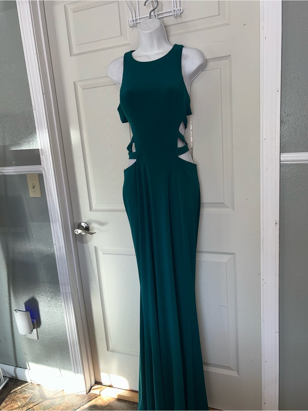 Faviana Teal Cutout Sleeveless Evening Gown